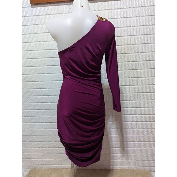 Cache Women's Purple Solid One Beaded Shoulder 80's Bodycon Dress Size 4 - Picture 5 of 10